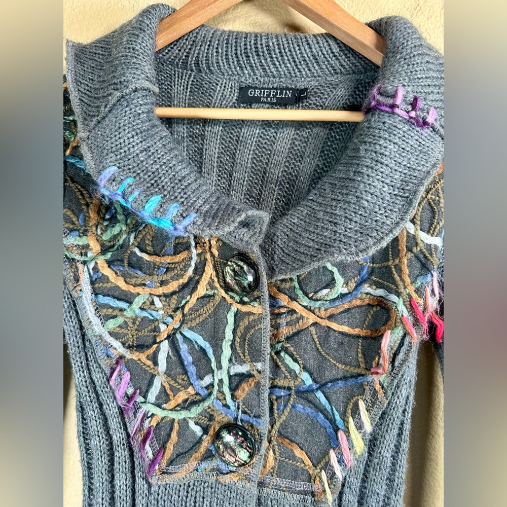 Grifflin Women’s Gray Knit Cardigan Sweater with Colorful Accents RARE - Picture 4 of 10